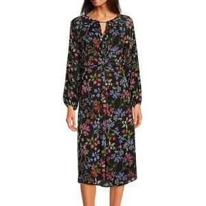 Calvin Klein Black Floral Long Sleeve Round Keyhole Chiffon Dress Cinched Waist
